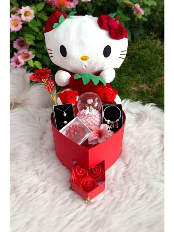 Kırmızı Kitty - Sevgiliye Romantik Hediye Kutusu | Kar Küresi + Çelik Takı + Peluş Kitty