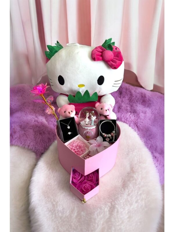 Pembe Kitty - Sevgiliye Romantik Hediye Kutusu | Kar Küresi + Çelik Takı + Peluş Kitty
