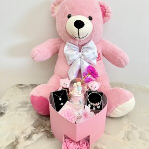Full Pembe Aşk Evreni İkili - Sevgiliye Romantik Hediye Kutusu | Kar Küresi + Takı + Peluş Ayıcık