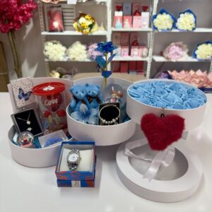 Mavi Kat Kat Mutluluk - Sevgiliye Özel Hediye | Kar Küresi + Çelik Takı + Peluş Ayıcık