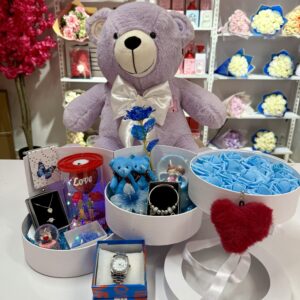 Mavi Kat Kat Mutluluk İkili – Sevgiliye Romantik Hediye Kutusu | Kar Küresi + Takı + Peluş Ayıcık