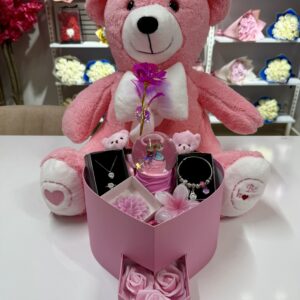 Full Pembe Aşk Evreni İkili - Sevgiliye Romantik Hediye Kutusu | Kar Küresi + Takı + Peluş Ayıcık