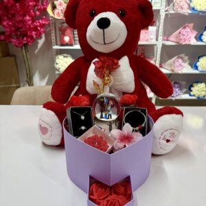 Kırmızı Aşk Evreni İkili - Sevgiliye Romantik Hediye Kutusu | Kar Küresi + Takı + Peluş Ayıcık