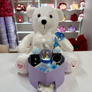 Full Mavi Aşk Evreni İkili - Sevgiliye Romantik Hediye Kutusu | Kar Küresi + Takı + Peluş Ayıcık