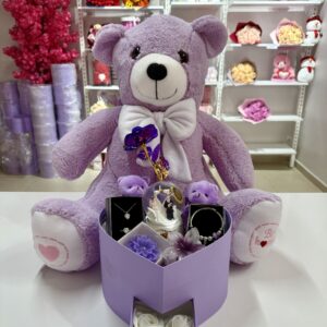 Full Mor Aşk Evreni İkili - Sevgiliye Romantik Hediye Kutusu | Kar Küresi + Takı + Peluş Ayıcık