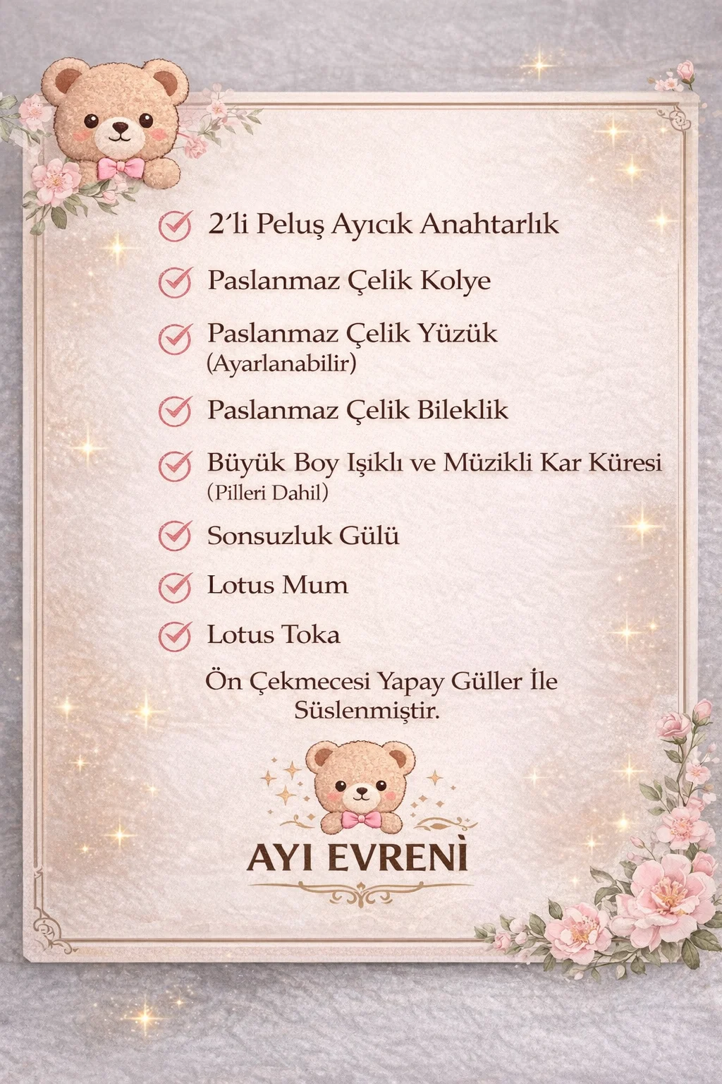Romantik Hediye Kutusu Kırmızı | Lila Kutu | Kar Küresi, Çelik Takı Seti, Peluş Ayıcık - Görsel 3
