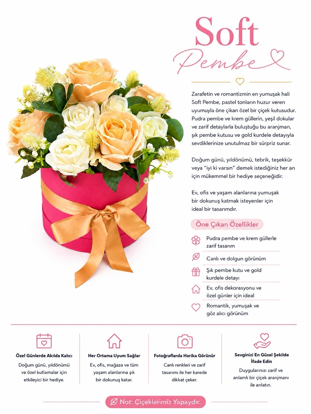 Yapay Çiçek Kutusu – Premium Tasarım | Soft Pembe