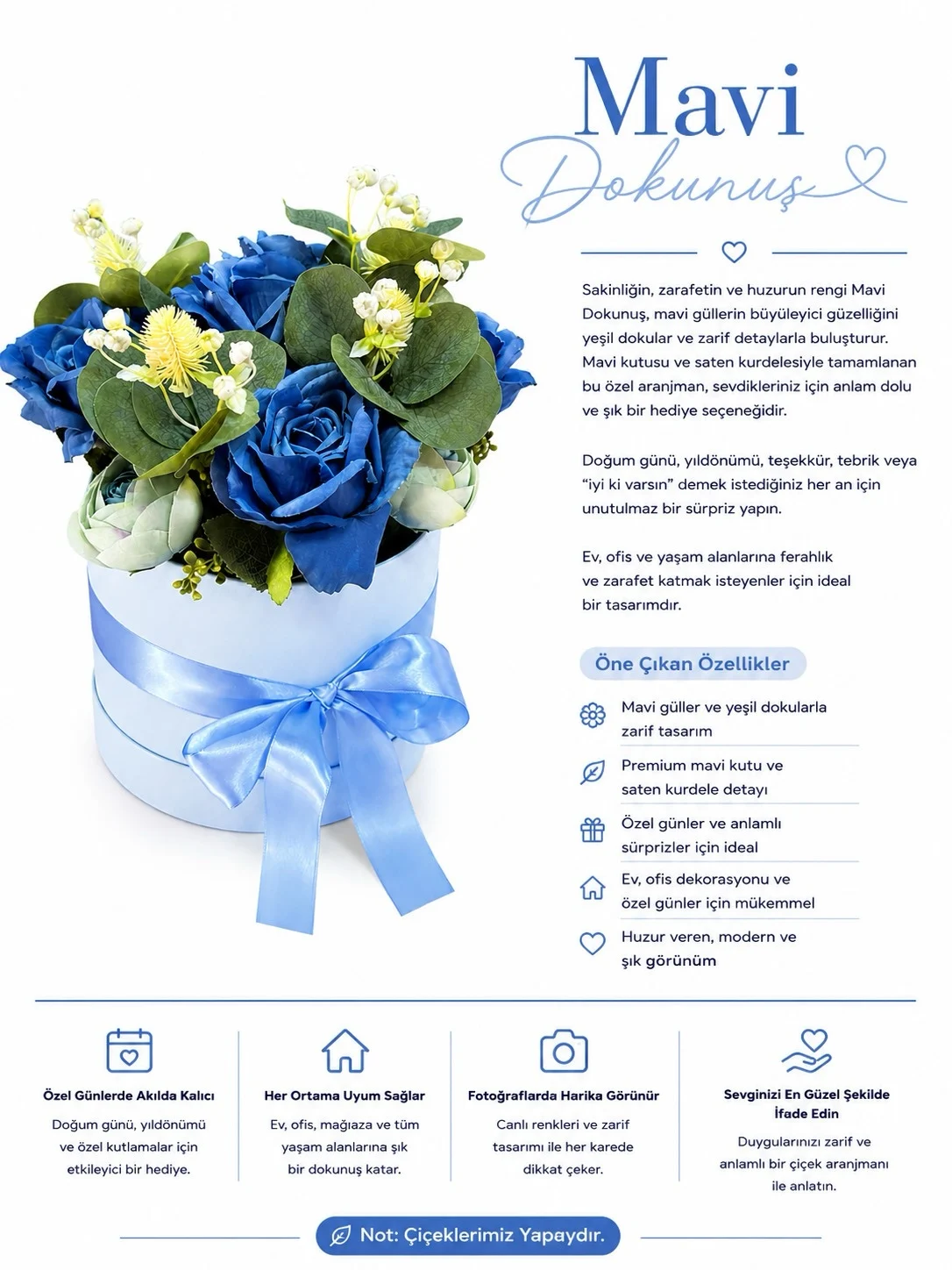 Yapay Çiçek Kutusu – Premium Tasarım | Mavi Dokunuş