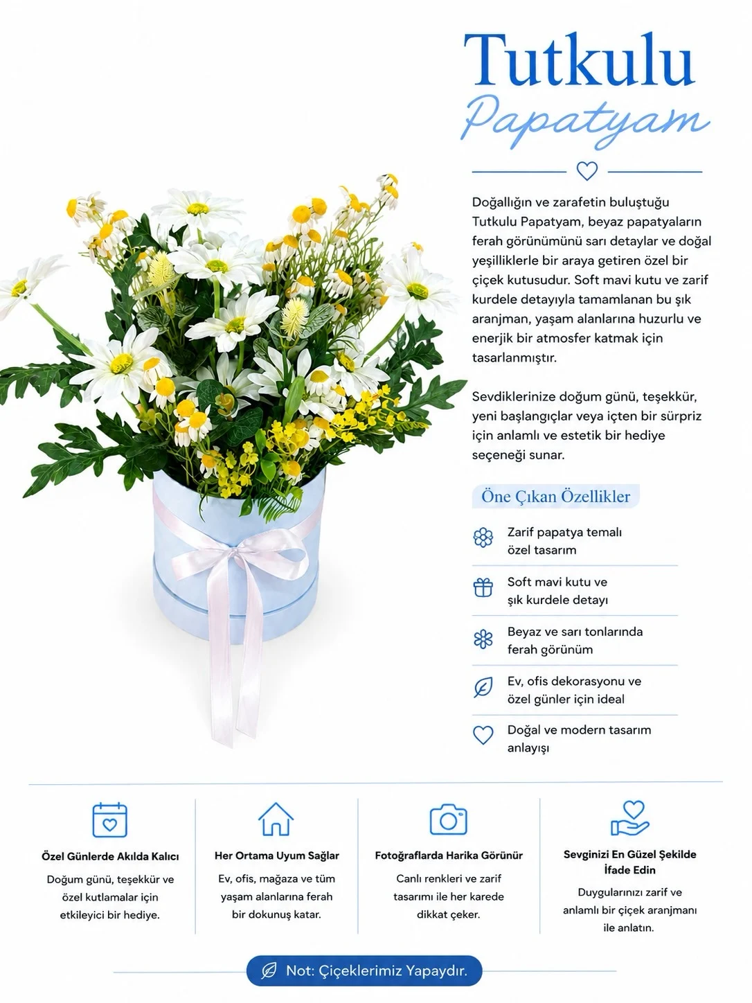 Yapay Çiçek Kutusu – Premium Tasarım | Tutkulu Papatyam
