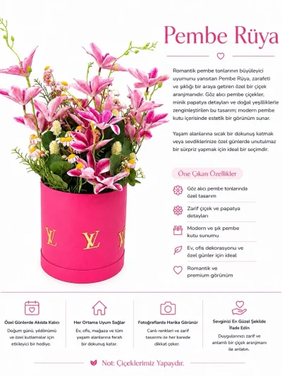 Yapay Çiçek Kutusu – Premium Tasarım | Pembe Rüya