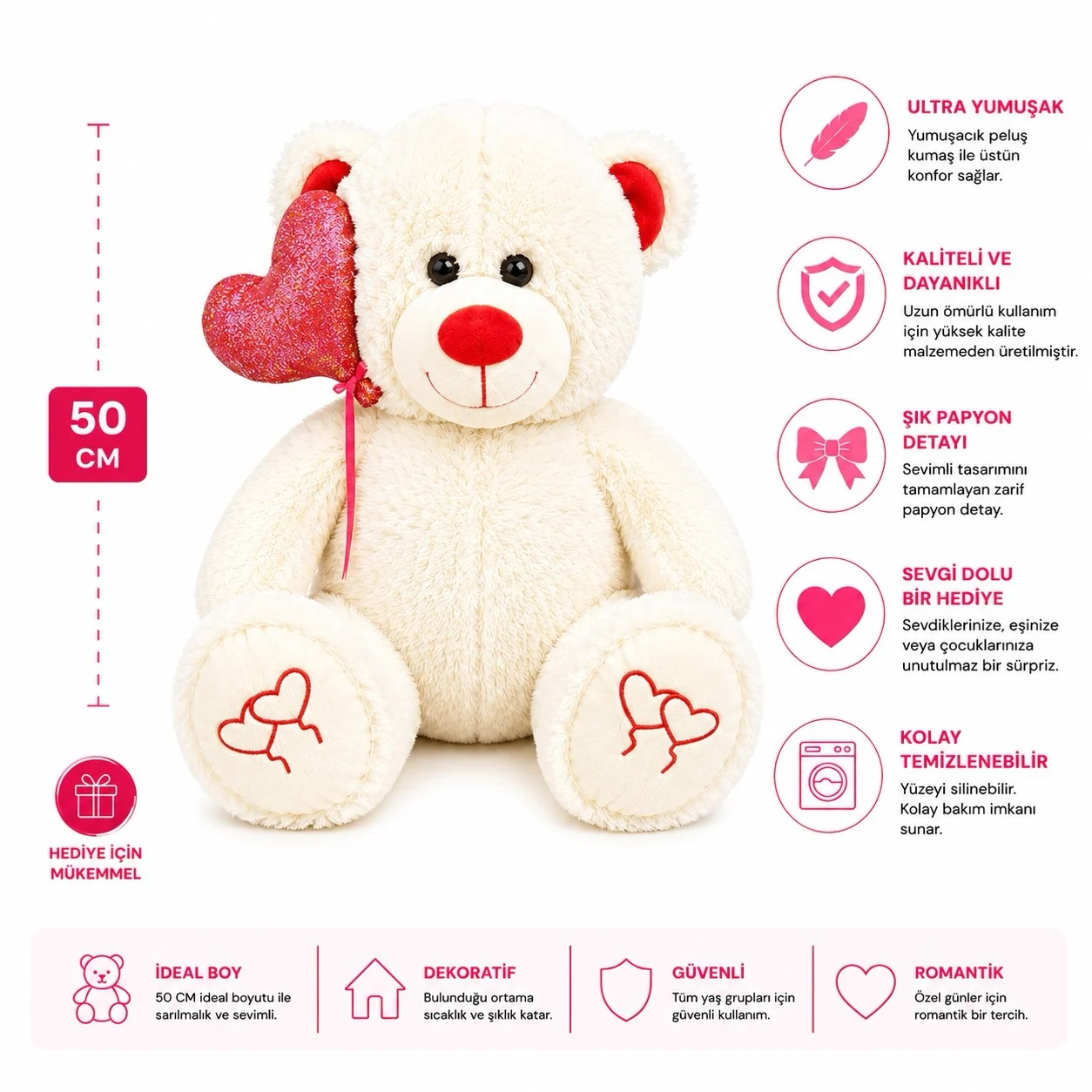 50 Cm Peluş Kalpli Balonlu Ayı Kırmızı
