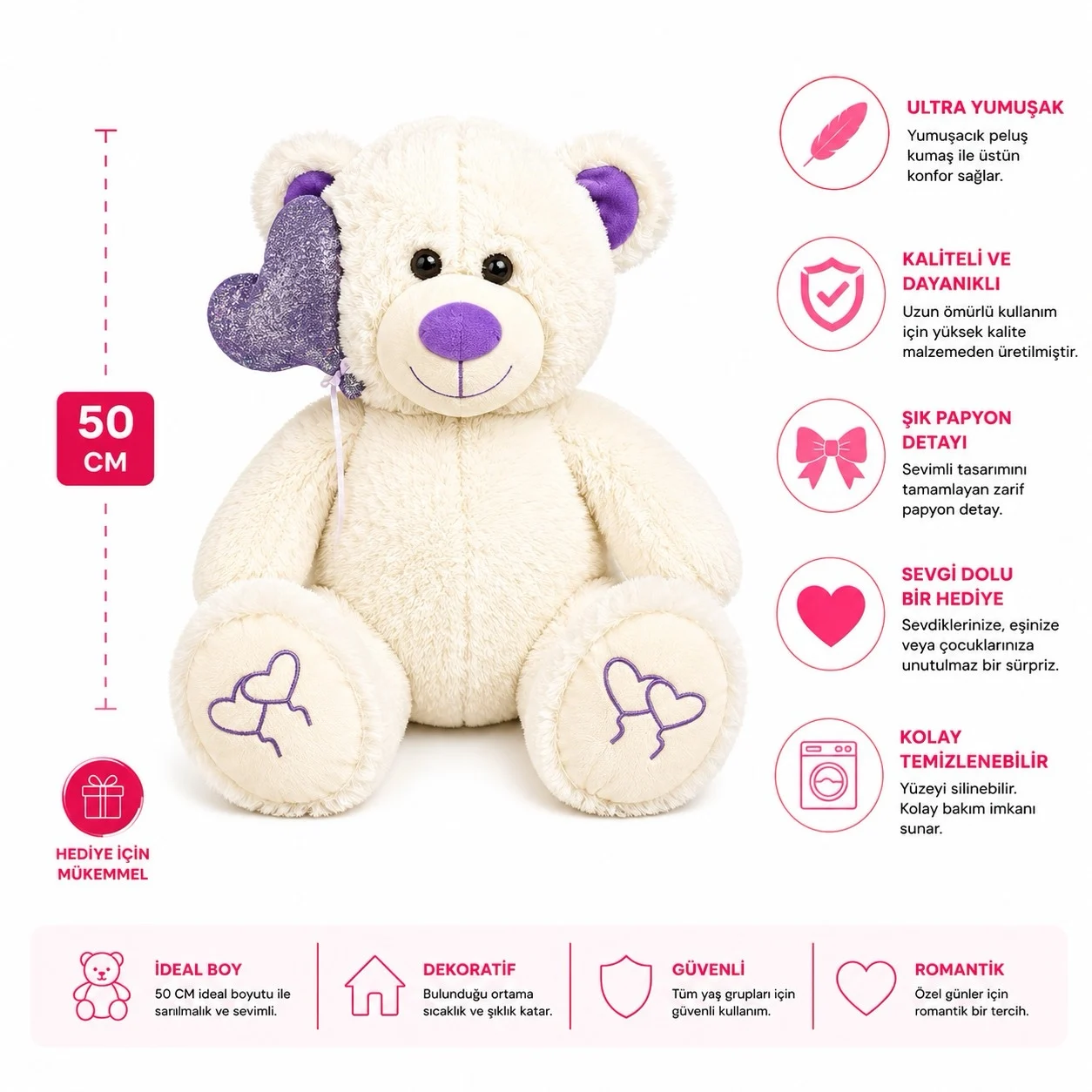 50 Cm Peluş Kalpli Balonlu Ayı Mor