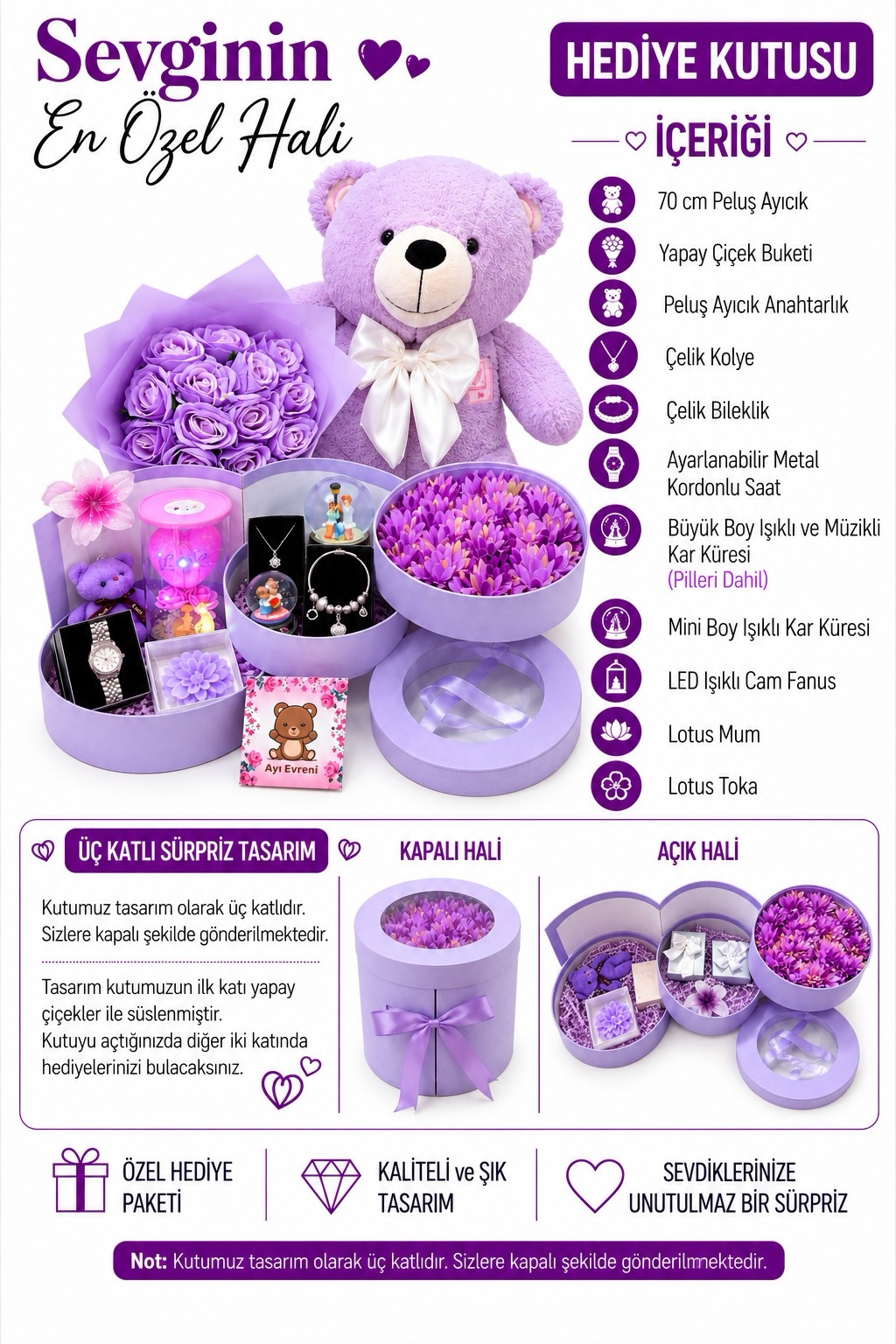Kat Kat Mutluluk Büyük Peluş Ayılı Çiçek Buketli Hediye Kutusu Mor | Kar Küresi, Çelik Takı Seti, Saat, Peluş Ayıcık - Görsel 2